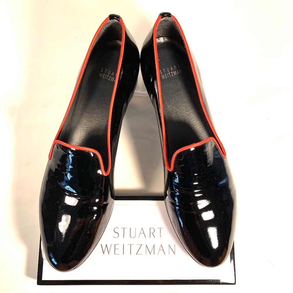 Stuart Weitzman Sleek Black Patent Leather Loafers with Red Piping Accent Size 9